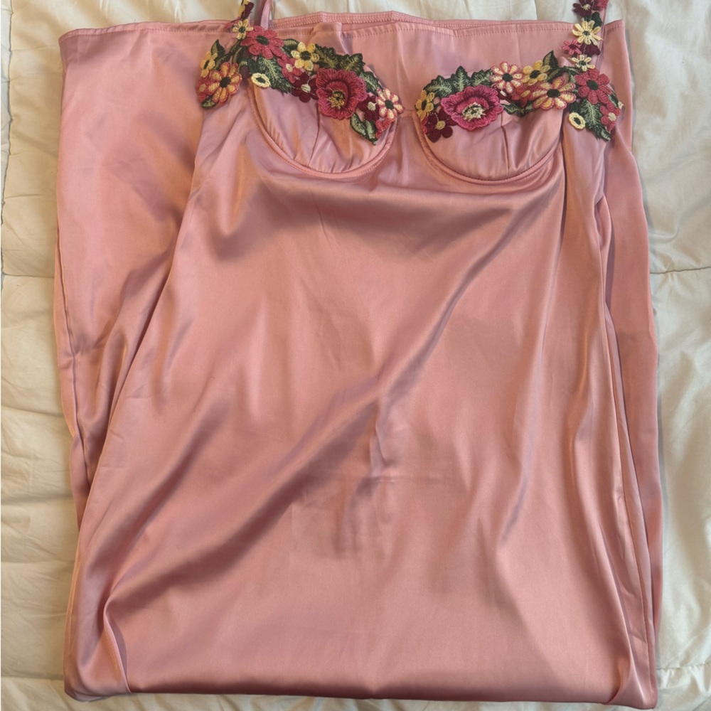 Pink satin flower strap dress